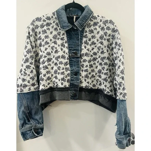 Free People Quilted Ditsy Denim Jacket XS / S Cottagecore Prairie Boho - Picture 5 of 16